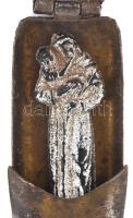 Antik kegytárgytartó, fém, benne Mária alakkal, m: 3,5 cm
