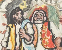 Péli Tamás (1948-1994): Vándorok, 1984. Vegyes technika, papír. Jelezve jobbra lent: PTK 84. Üvegeze...