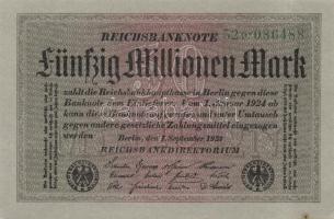 Német Birodalom / Weimari Köztársaság 1923. 50.000.000M (3x) szürke papíron, hatjegyű zöld egymás utáni sorszámokkal T:I-