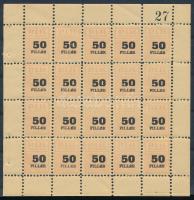 ~1944 Pesti Izraelita Hitközség Ifjúsági Csoportja 50f tagsági bélyegek 27-es sorszámmal, 20-as kisíven / Hungarian membership stamps in mini sheet of 20