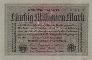 Német Birodalom / Weimari Köztársaság 1923. 50.000.000M (3x) szürke papíron, hatjegyű zöld egymás ut...