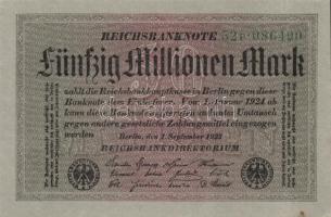 Német Birodalom / Weimari Köztársaság 1923. 50.000.000M (3x) szürke papíron, hatjegyű zöld egymás ut...