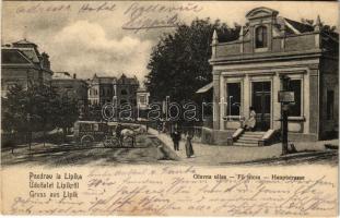 1904 Lipik, Glavna ulica / Fő utca, Étterem a forráshoz, lovaskocsi / main street, restaurant, horse-drawn carriage (fl)