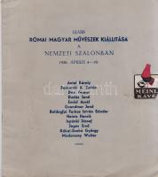 Újabb római magyar művészek kiállítása a Nemzeti Szalonban. 1936. április 4-19. (Budapest), 1936. (Szepes-nyomda). [16] p. Galériájuk 1928-1944 között összesen mintegy százhatvan kiállításnak adott otthont. A Római Magyar Akadémia ösztöndíjasainak festészeti és szobrászati alkotásaiból Gerevich Tibor rendezett közös tárlatot a Nemzeti Szalonban. A kiállításon Antal Károly, Borbereki K. Zoltán, Dex Ferenc, Dudás Jenő, Emőd Aurél, Grandtner Jenő, Boldogfai Farkas István Sándor, Heintz Henrik, Ispánki József, Jeges Ernő, Kákai-Szabó György, Madarassy Walter alkotásai szerepeltek. A rövid méltatás után a kiállított műtárgyak jegyzéke, eladási árral együtt. Fűzve, kiadói borítóban, a fedőborítókon egykorú reklámcímke. Hozzá kapcsolódik: [Aprónyomtatvány] Meghívó és belépőjegy a Tamás-Galéria LXXXII. kiállítására (1937). [Budapest, 1937]. Codex nyomda. Egyetlen levél, mérete: 105x150 mm. A belvárosi Tamás-Galéria Tamás Henrik és neje közös képzőművészeti vállalkozása volt. Tamás Henrik felsőkereskedelmi iskola elvégzése után a Singer és Wolfner kiadónál helyezkedett el, ahol az ügyvezetői pozícióig jutott, képzőművészeti vállalkozását rézkarc-reprográfiák árusításával kezdte, valamint kiállításszervezéssel; önálló kiállítótere 1927-ben nyílt, 1928-1944 között mintegy 160 tárlatot rendezett a tulajdonos házaspár. A jobbára három hétig nyitva tartó tárlatokon rendszereresen együtt szerepeltettek modernista festő- és szobrászművészeteket, kettős belépőjegyként is szolgáló meghívónk esetében sincs ez másként: Bokros-Birman Dezső szobrászművész alkotásai mellett Jándi Dávid és Gyenes Gitta festményei voltak láthatók a Tamás-Galéria LXXXII. tárlatán. Jó állapotú lap.