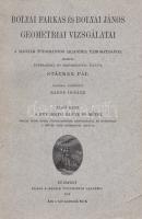 Stäckel, [Paul] Pál - Bolyai Farkas - Bolyai János: Bolyai Farkas és Bolyai János geometriai vizsgálatai. Kiadta, életrajzzal és magyarázattal ellátta Stäckel [Paul] Pál. Magyarra fordította Rados Ignácz. I-II. kötet. [Teljes.] Budapest, 1914. Magyar Tudományos Akadémia (Franklin-Társulat ny.) 1 t. (címkép) + XII + 288 p.; IV + 295 + [1] p. + 1 t. (mozgatható részeket is tartalmazó geometriai tábla). Egyetlen magyar kiadás. Paul Stäckel (1862-1919) német matematikus munkája az első Bolyai-monográfia. Eredeti nyelven először 1913-ban jelent meg, ,,Wolfgang Bolyai und Johann Bolyai geometrische Untersuchungen" címmel. A munka második része: Szemelvények a két Bolyai műveiből. Oldalszámozáson belül számos szövegközti geometriai ábrával. A címoldalon régi tulajdonosi bejegyzés. Pamlényi 192. o. Fűzve, illusztrált, sérült kiadói borítóban, az első kötet gerince hiányos, fűzése laza, a lapszélek kissé gyűröttek, az első kötet hátsó borítójának fűzése laza.