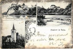 1906 Ozalj, Ozaly, Ozlja; Stari grad Ozalj / Ozaly vára, templom, a várhoz vezető híd, Kulpa folyó / castle, church, bridge. Art Nouveau, floral (lyuk / pinhole)