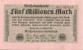 Német Birodalom / Weimari Köztársaság 1923. 5.000.000M (2x) cégnyomat kis ugrású sorszámokkal T:I