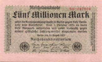 Német Birodalom / Weimari Köztársaság 1923. 5.000.000M (2x) cégnyomat kis ugrású sorszámokkal T:I