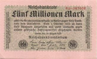 Német Birodalom / Weimari Köztársaság 1923. 5.000.000M (2x) cégnyomat kis ugrású sorszámokkal T:I-