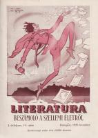 Literatura. Beszámoló a szellemi életről. Szerkeszti Supka Géza. I. évfolyam, 1-12. szám (1926. januárius-december). Budapest, 1926. Hungaria ny. 460 + [104] p. A Supka Géza író, szerkesztő, az ünnepi Könyvhét megszervezőjének gondozásában napvilágot látott Literatura folyóirat 1926-1938 között megjelenő, színvonalas irodalmi és művészeti periodika volt, mely egyaránt kívánta az író, az olvasó, a könyvkiadó és a magyar könyv érdekét szolgálni. A művészi rajzokkal, karikatúrákkal illusztrált irodalmi magazin felhívta a figyelmet a hazai és külföldi könyvújdonságokra, a szépirodalom, a képzőművészet és a tudományos szakirodalom kiemelkedő eseményeire. A tágabb értelemben vett irodalmi élettel foglalkozó lap nem foglalkozott a politikai szekértáborokkal, éppúgy méltatta Herczeg Ferenc újabb köteteit, ahogyan a nyugatos irodalmi termést is, művelődéstörténeti és társadalomelméleti cikkeket egyaránt közölt, egyaránt bemutatta az olasz fasiszta politika alaptéziseit és a haarlemi fekete kultúra szárba szökkenését, Henry Ford és James Joyce jelentőségét egyaránt elismerte. A lapszámok terjedelme 32-36 oldal, a decemberi számé 64 oldal, minden lapszámban oldalszámozáson kívül bőséges válogatás a magyar, olasz, német, francia és angol nyelvű könyvújdonságokból. Aranyozott, vaknyomásos, enyhén foltos kiadói egészvászon kötésben, valamennyi lapszám illusztrált első és hátsó borítója bekötve (Lantos Rt., Budapest).