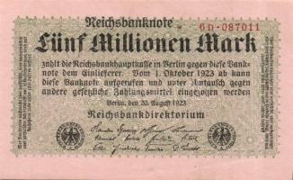 Német Birodalom / Weimari Köztársaság 1923. 5.000.000M (2x) cégnyomat kis ugrású sorszámokkal T:I-