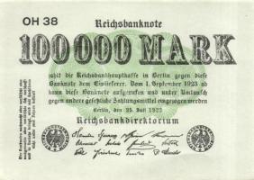 Német Birodalom / Weimari Köztársaság 1923. 100.000M (2x) "Wellen" vízjellel, azonos cégje...