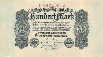 Német Birodalom / Weimari Köztársaság 1922. 100M (2x) egymás utáni sorszámokkal T:I