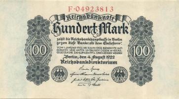 Német Birodalom / Weimari Köztársaság 1922. 100M (2x) egymás utáni sorszámokkal T:I
