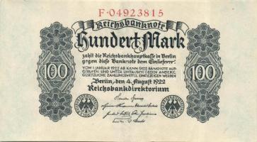 Német Birodalom / Weimari Köztársaság 1922. 100M (2x) egymás utáni sorszámokkal T:I-