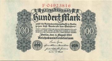 Német Birodalom / Weimari Köztársaság 1922. 100M (2x) egymás utáni sorszámokkal T:I-