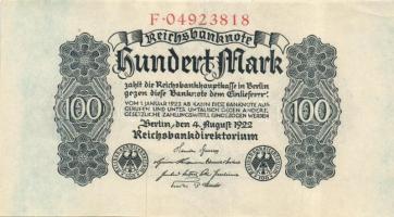 Német Birodalom / Weimari Köztársaság 1922. 100M (2x) egymás utáni sorszámokkal T:I-