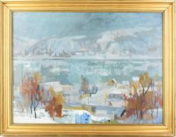 Zirkelbach László (1916-?): Táj (Dunapart?), 1966. Olaj, farost, jelzett. Hátoldalán Képcsarnok Vállalat címkéjével. Dekoratív, üvegezett fakeretben, 60x80 cm