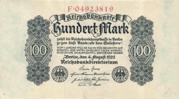 Német Birodalom / Weimari Köztársaság 1922. 100M (2x) egymás utáni sorszámokkal T:I-