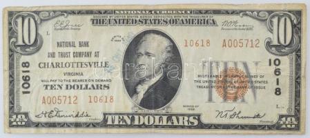 Amerikai Egyesült Államok / Virginia / Charlottesville 1929. 10$ National Currency barna pecsét 10618 A 005712, rajta 14. OKT. 1940 bélyegzés T:F lyuk, kisebb beszakadások USA / Virginia / Charlottesville 1929. 10 Dollars National Currency brown seal 10618 A 005712, with 14. OKT. 1940 overprint C:F hole, small tears Friedberg US#1801