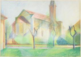 Peukert Károly (1903-1973): Vác, evangélikus templom, 1968. Pasztell, papír, jelzett. Üvegezett, kissé sérült fakeretben, 30×43 cm