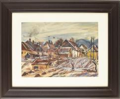 Bóka Dezső (1935-): Téli táj. Akvarell, pasztell, papír, jelezve jobbra lent. Hátoldalán Képcsarnok Vállalat címkéjével. Üvegezett fakeretben, 32,5x46 cm.