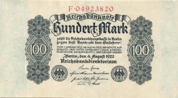 Német Birodalom / Weimari Köztársaság 1922. 100M T:I-