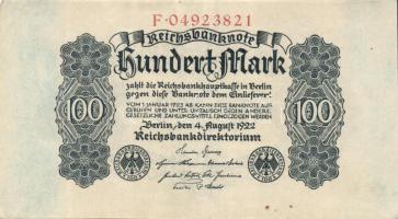 Német Birodalom / Weimari Köztársaság 1922. 100M T:I-