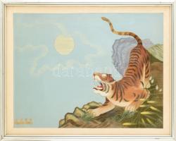 Olvashatatlan jelzéssel, feltehetően koreai alkotó, XX. sz. második fele: Tigris. Selyemkép. Dekoratív, üvegezett fakeretben, 43,5x58 cm.