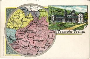 Trencsénteplic, Trencianske Teplice; Gyógyterem, fürdő, térkép. Wertheim Zsigmond kiadása / spa, bath, map. Art Nouveau, litho (EK)