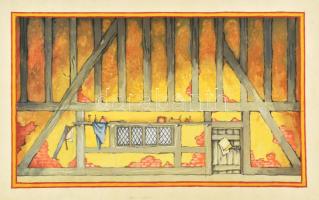 Oláh Gusztáv (1901-1956): 4 db színházi díszletterv. Akvarell, ceruza, papír. Jelzés nélkül. Egyik a...