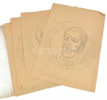 Varga Mátyás (1910-2002): Fríz embléma tervek, 10 db (egyik kétoldalas). Ceruza, papír. Jelzés nélkül. d: 36 cm körüli méretekben. Egyik lap széle sérült.