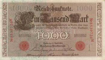 Német Birodalom / Császárság 1910. 1000M (9x) egymás utáni sorszámokkal T:II+ egyszer hajtva, törve ...