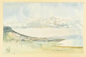 Varga Nándor Lajos (1895-1978): Szigligeti öböl (Balaton), 1948. Akvarell, papír, jelezve jobbra lent, 32,5x46 cm. Lap szélén apró sérülésekkel. Paszpartuban, hátoldalán a művész bélyegzőjével és kissé hiányos raglappal.