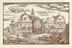 Varga Mátyás (1910-2002), linómetszet és a ceruza vázlat: Nagytétény. Linómetszet, papír, jelzett, 40x61 cm. Lap szélén kisebb szakadással. + Ceruza, papír, jelzés nélkül. 43x57 cm