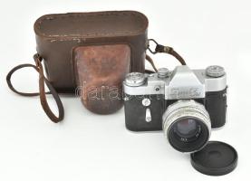 Zenit 3M fényképezőgép, Helios-44 2/58 objektívvel, eredeti bőr tokjában