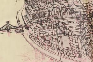 Varga Mátyás (1910-2002): Budapesti panoráma. Tus, hártyapapír, jelzett, sérült. 43x92 cm