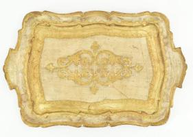 Florentin tálca,Aranyozott virág mintás, faragott fa. XIX. sz. kopással 42x27 cm