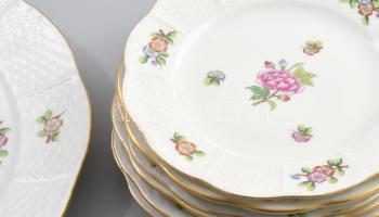 Herend eton mintás süteményes készlet. Jelzett, kézzel festett, hibátlan, d: 15-25 cm