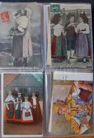 Népviseletek, tipusok, 220 főleg régi motívumlap albumban / Folklore, types, 220 mostly old thematic...