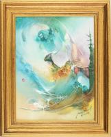 Buday Mihály (1953-): Örvényben. Olaj, farost, jelzett, hátoldalán zsürizett alkotás címkén a művész autográf aláírásával. Dekoratív fakeretben, 36×28 cm