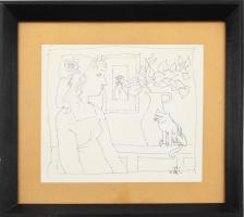 Szász Endre (1926-2003): Hölgy macskával. Tus, papír, jelezve jobbra lent, üvegezett fakeretben. 19,5x22,5 cm