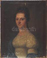 Jelzés nélkül, feltehetően XVIII. sz. festő: Női portré. Olaj, vászon, sérült. Hátoldalán régi gyűjteményi, kissé töredékes viaszpecséttel. 58x47,5 cm.