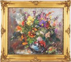 Séday Éva (1929-2011): Virágcsendélet. Olaj, farost, jelzett. Dekoratív fakeretben, 50×60 cm
