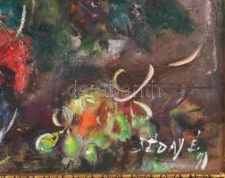 Séday Éva (1929-2011): Virágcsendélet. Olaj, farost, jelzett. Dekoratív fakeretben, 50×60 cm