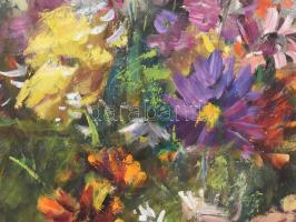 Séday Éva (1929-2011): Virágcsendélet. Olaj, farost, jelzett. Dekoratív fakeretben, 50×60 cm