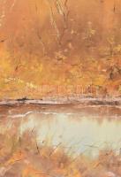 Pántl László (1943-): Erdei tó. Olaj, vászon, jelzett. Dekoratív, sérült fakeretben, 50x90 cm. KIZÁR...