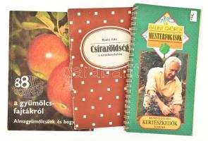 3 db kertészeti könyv: Dr. Bálint György: Mesterfogások kezdő és haladó kertészkedők számára. Bp., 1990, Mezőgazdasági Kiadó. Kiadói spirálfűzéses papírkötés. + Ránky Edit: Csírazöldség a natúrkonyhában. Bp., 1986, Mezőgazdasági Kiadó - Planétás Vgmk. Kiadói tűzött papírkötés. + Tomcsányi - Bödecs - Majoros: 88 színes oldal a gyümölcsfajtákról. Almagyümölcsűek és bogyósok. Bp., 1982, Mezőgazdasági Kiadó. Színes fotókkal illusztrálva. Kiadói papírkötés, kissé foltos.