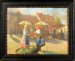 Ott Zoltán (1881-?): Piac. Olaj, karton. Jelezve jobbra lent. 30x40 cm. Dekoratív, üvegezett, régi fakeretben.