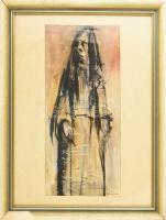 Olvashatatlan jelzéssel: Alak. Vegyes technika, papír. 56,5x25,5 cm. Dekoratív, üvegezett, sérült fa...